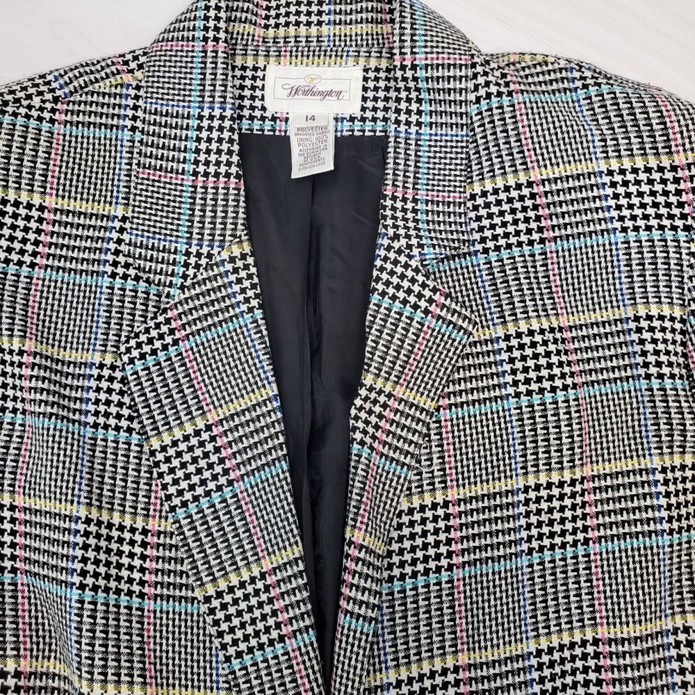 Worthington Womens Vintage Houndstooth Windowpane Blazer Multi Color Size 14 Y2K